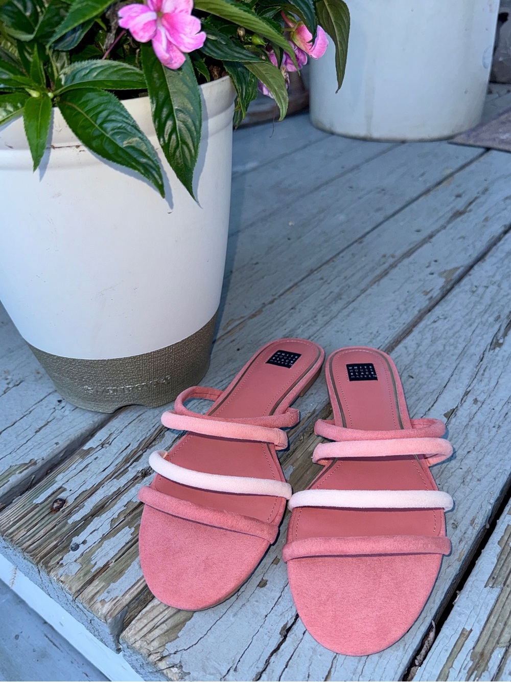 White House Black Market Pink Strappy Slide Sandals